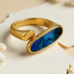 Boho Chic Adjustable Ring Abalone Shell 18K Gold Plated S925 Sterling Silver